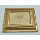 WW1 Canadian 46th Battalion framed pencil sketch of a horse titled "Dans Le Battaille". Indistinctly