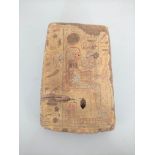 Ancient Egyptian hieroglyphic panel of wood and plaster construction depicting a throned figure