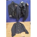 Three Royal Navy officer's tunics, one with sleeve patch for Lieutenant and WWII campaign medal