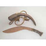 Antique Nepalese Kukri with turned incised horn handle capped with a white metal floral repousse