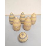 Antique early 20th century turned wooden skittles of squat egg form with banded painted