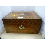 Victorian walnut marquetry sewing box containing sewing accessories, the box with mother of pearl