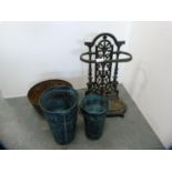 Metal stick stand, cauldron and two plant pots.  (4)