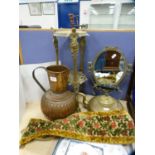 Brass and copper to include middle eastern-style antique copper jug, toddy kettle, dressing