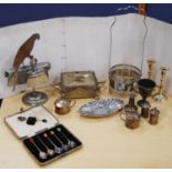 Group of silver plate to include condiments, metal companion stand with parrot surmount, glass