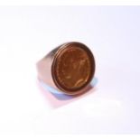 Victorian half sovereign ring, 1885, fixed to a 9ct gold ring, 10g gross, size N.