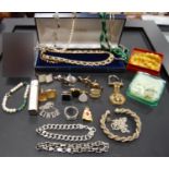 Box of costume jewellery to include two 925 silver bracelets and a silver ring, 80g gross, also
