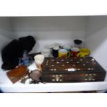 Middle eastern-style hardwood games box, hardwood box and cover, glazed teapot, mugs etc (one