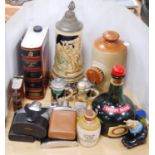 Bottle of cherry liqueur and contents, German beer steins, stoneware pig, Rutherford's Cream