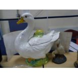 Ceramic punch bowl modelled as a swan and a metal door stop modelled as ducks.