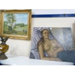 Modern oil in a gilt frame of a farming scene and a Russian-style picture of a semi-nude female,