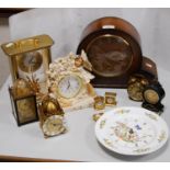 Group of clocks to include Smith's walnut-cased triple train mantel clock, quartz mantel clock, desk