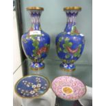 Pair of Chinese-style cloisonné vases and two similar pin dishes.  (4)