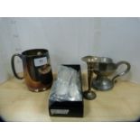 Pewter chamberstick, small silver posy vase, EP tankard and an EP ladle in a George Butler of