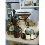 Figural mantel clock, spelter figure, wall barometer, glass bowl on stand etc.