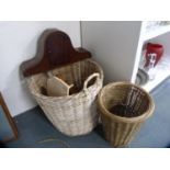 Wicker basket containing bellows, fire irons, mantel clock case etc.