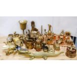 Brassware and copper ornaments to include nutcracker modelled as a crocodile, goblet, musical box
