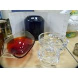 Blue art glass vase, art glass dish, cut glass bowl with star-cut decoration and a glass vase.
