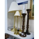 Two Corinthian-style candle stands, pair of table lamps and another, larger.  (5)