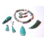 Group of Chinese-style jadeite and malachite style pendants, a similar bracelet and a pair of enamel