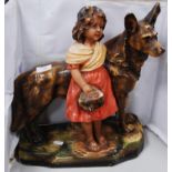 Jena Style painted plaster figure group modelled as a German Shepherd dog and a girl holding a