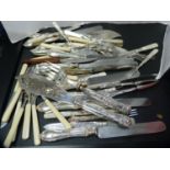 Collection of EP cutlery and flatware to include examples with faux mother of pearl handles.
