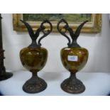 Pair of neo classical-style garniture ewers with metal mounts.