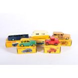 Five Dinky Toys diecast vehicles 254 Austin Taxi, two tone issue with yellow upper and hubs and