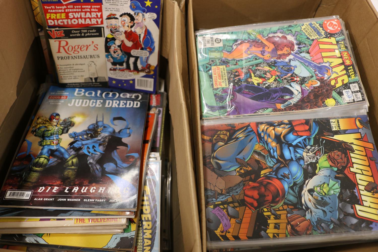 Two boxes of DC Comics and other comics to include The New Teen Titans, Batman, Emerald Dawn II,