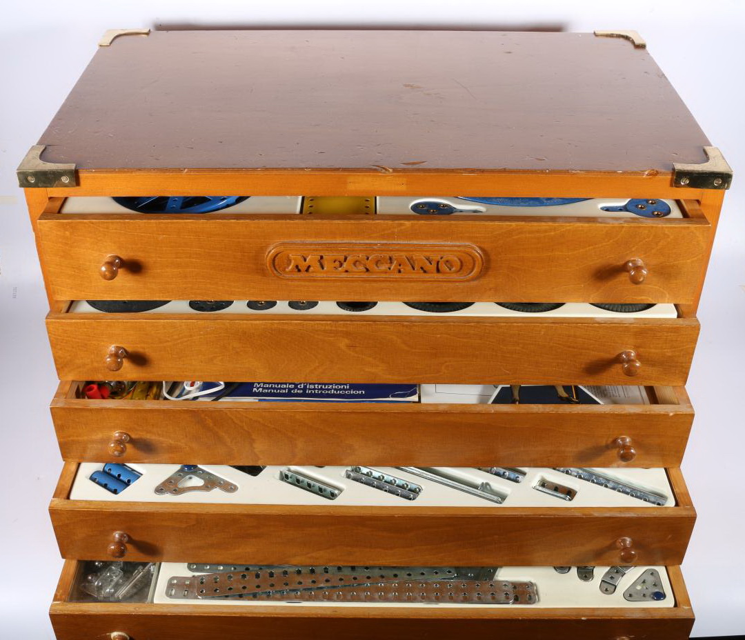 Meccano Outfit number 10 set contained within a five drawer chest with metal bound corners,