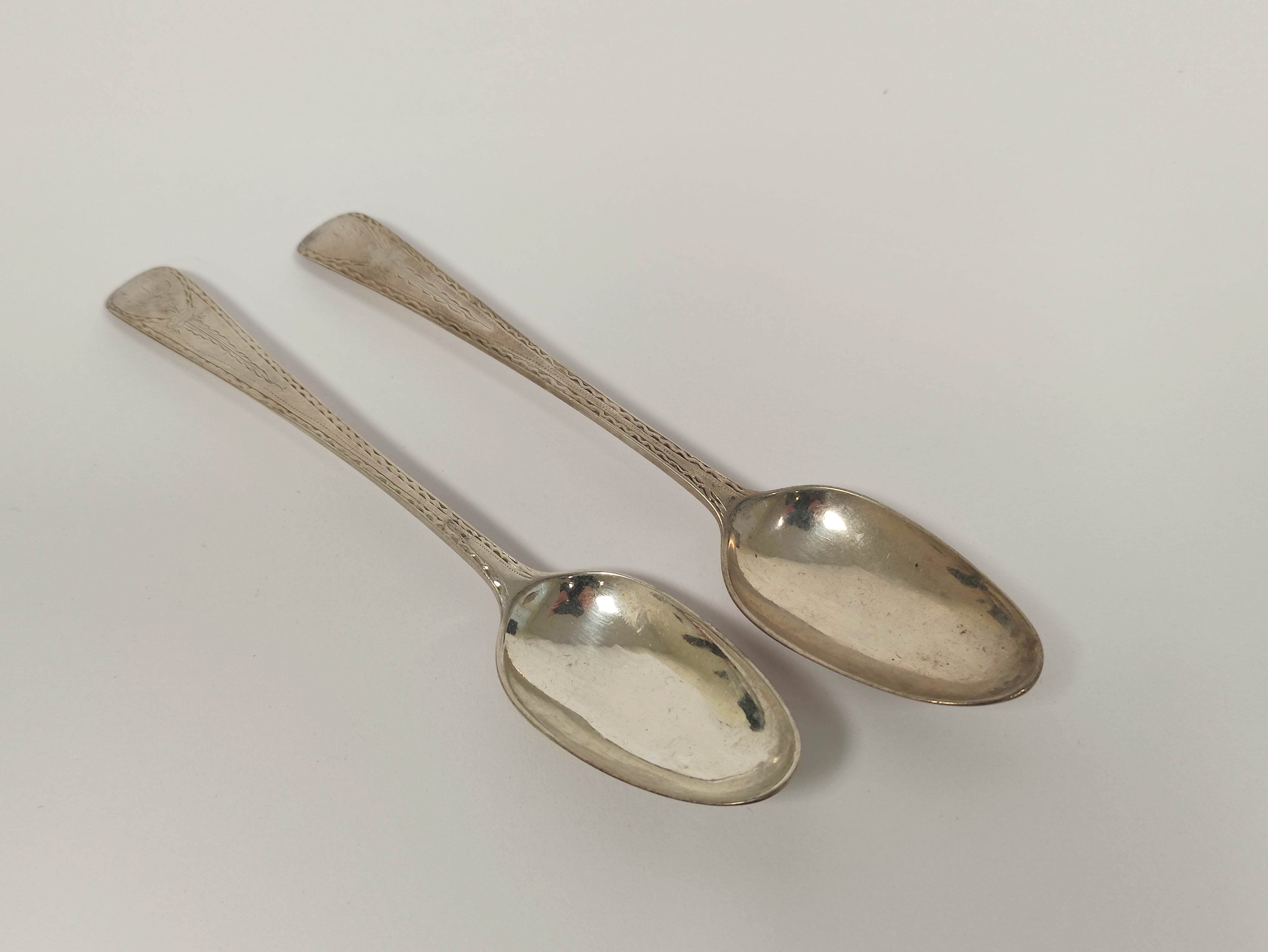 Pair of Provincial silver dessert spoons, bright cut and initialled 'L', by James Gordon Aberdeen