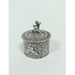 Dutch silver cylindrical box, embossed, with putlo finial by B. Miller 1910, 6cm diameter, 88g / 2½