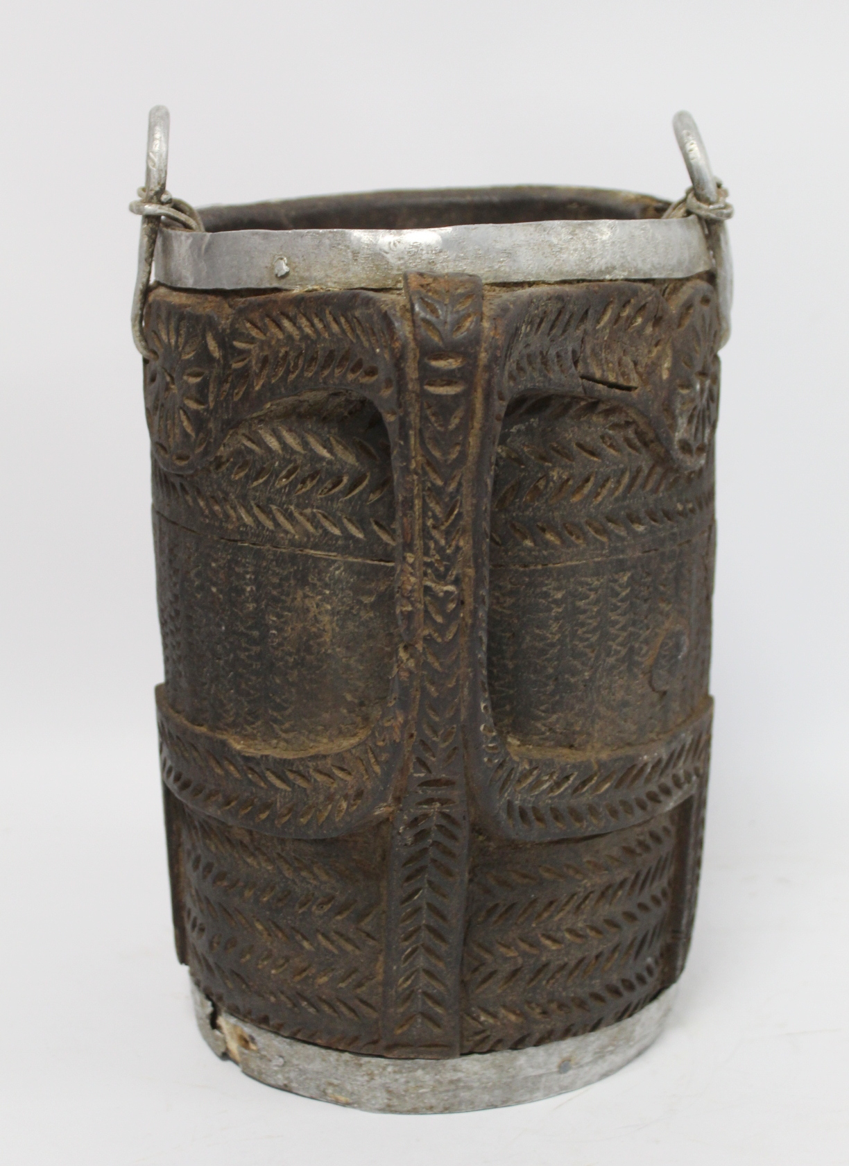 Antique Nepalese or Tibetan yak milk pot with metal banding to rim and foot, metal carrying loops, - Image 4 of 14