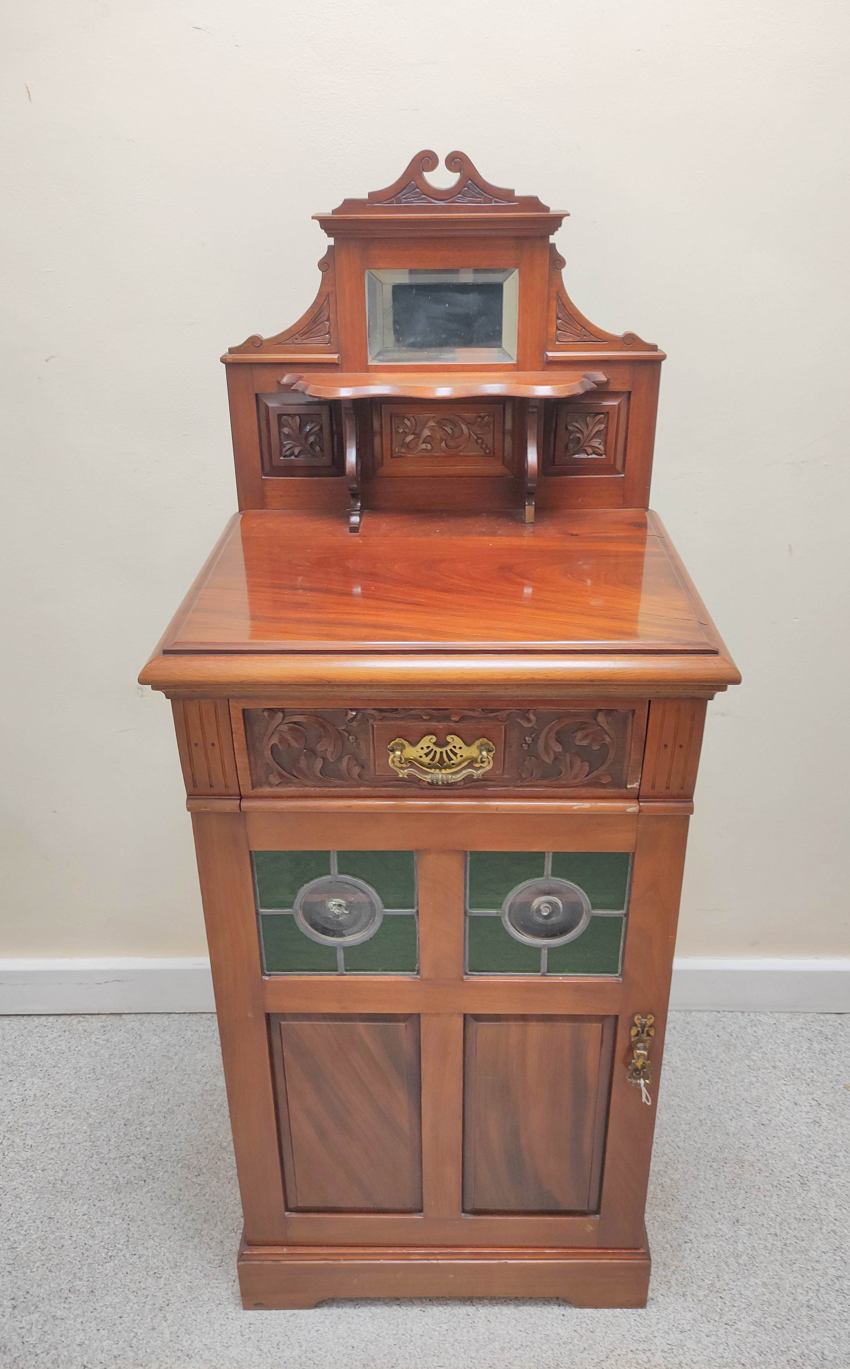 Edwardian mahogany music cabinet with mirrored pediment above a single drawer and door inset with - Image 2 of 5