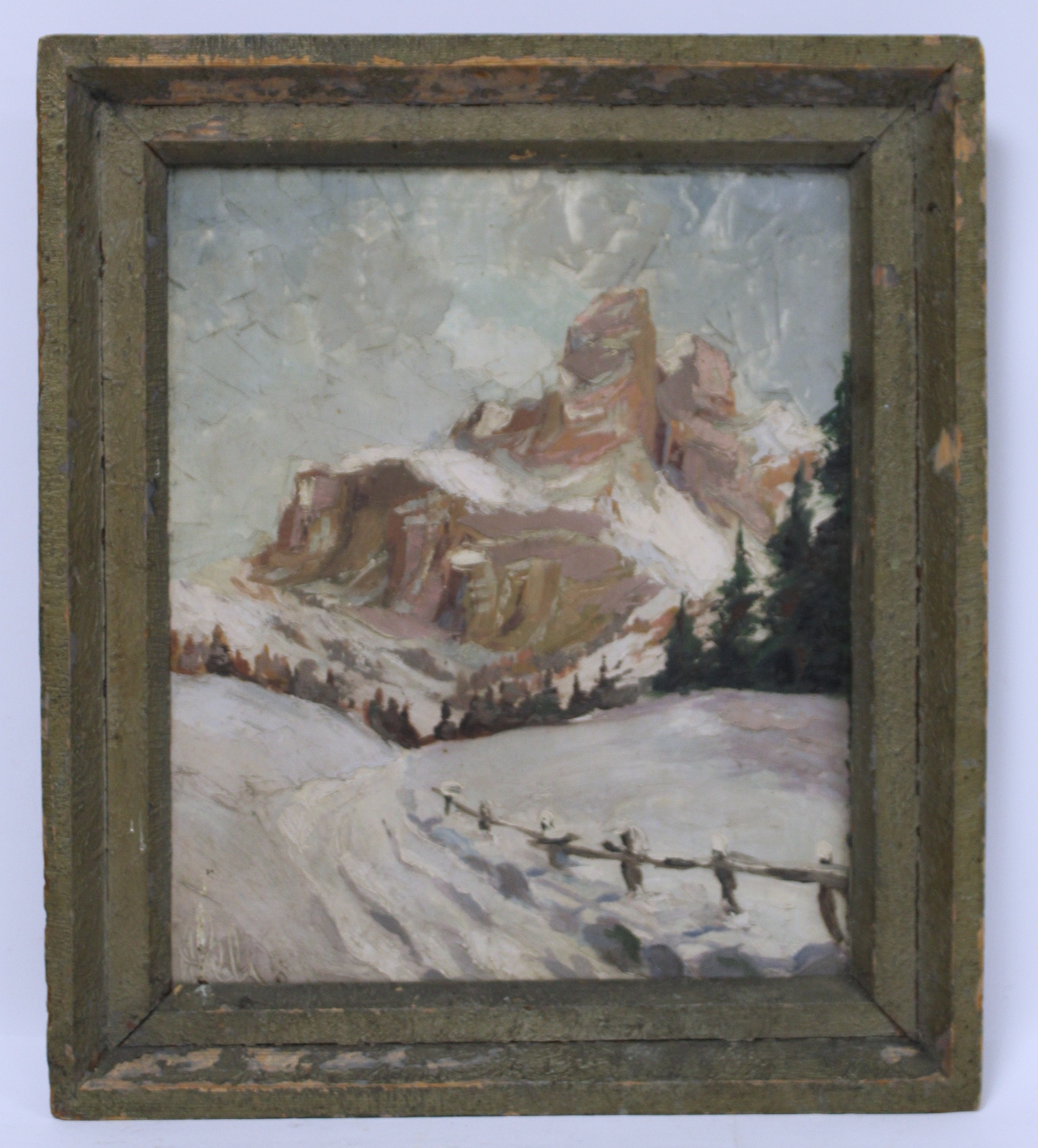 Mid 20thC School. Mountainous winter landscape.  Oil on board. 35cm x 29cm Indistinctly signed,