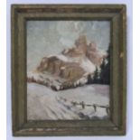 Mid 20thC School. Mountainous winter landscape.  Oil on board. 35cm x 29cm Indistinctly signed,