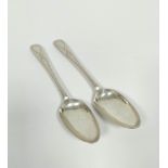 Pair of silver bright cut table spoons with bold Newcastle marks by John Makepeace, 1784, 124g /