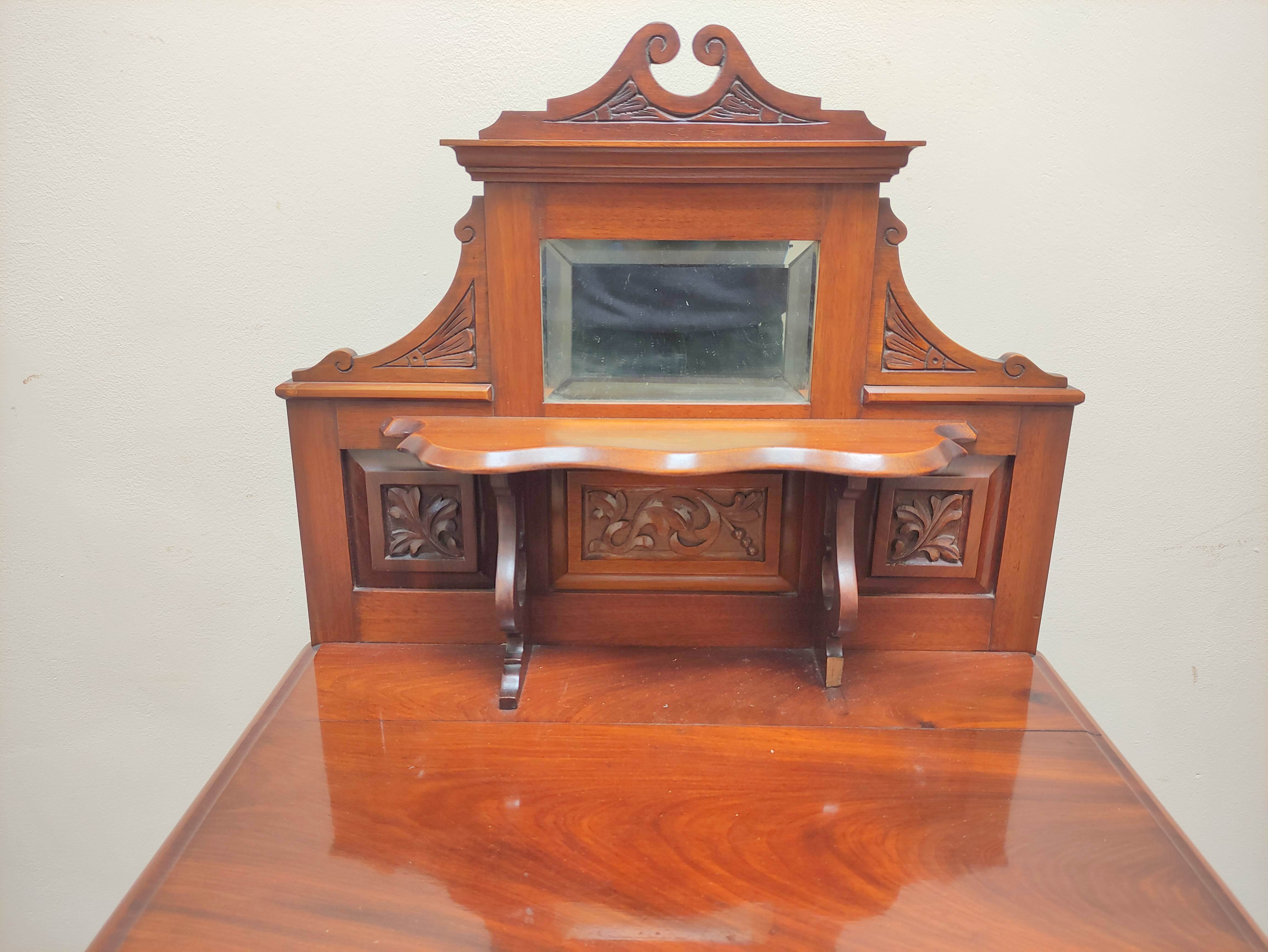 Edwardian mahogany music cabinet with mirrored pediment above a single drawer and door inset with - Image 5 of 5