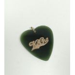 New Zealand greenstone heart pendant with gold pierced 'Kia Ora' and loop '9ct' approx. 45mm x 41mm.