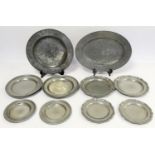 Collection of 18th century and later pewter plates including four by Birch & Villiers, c.1775,