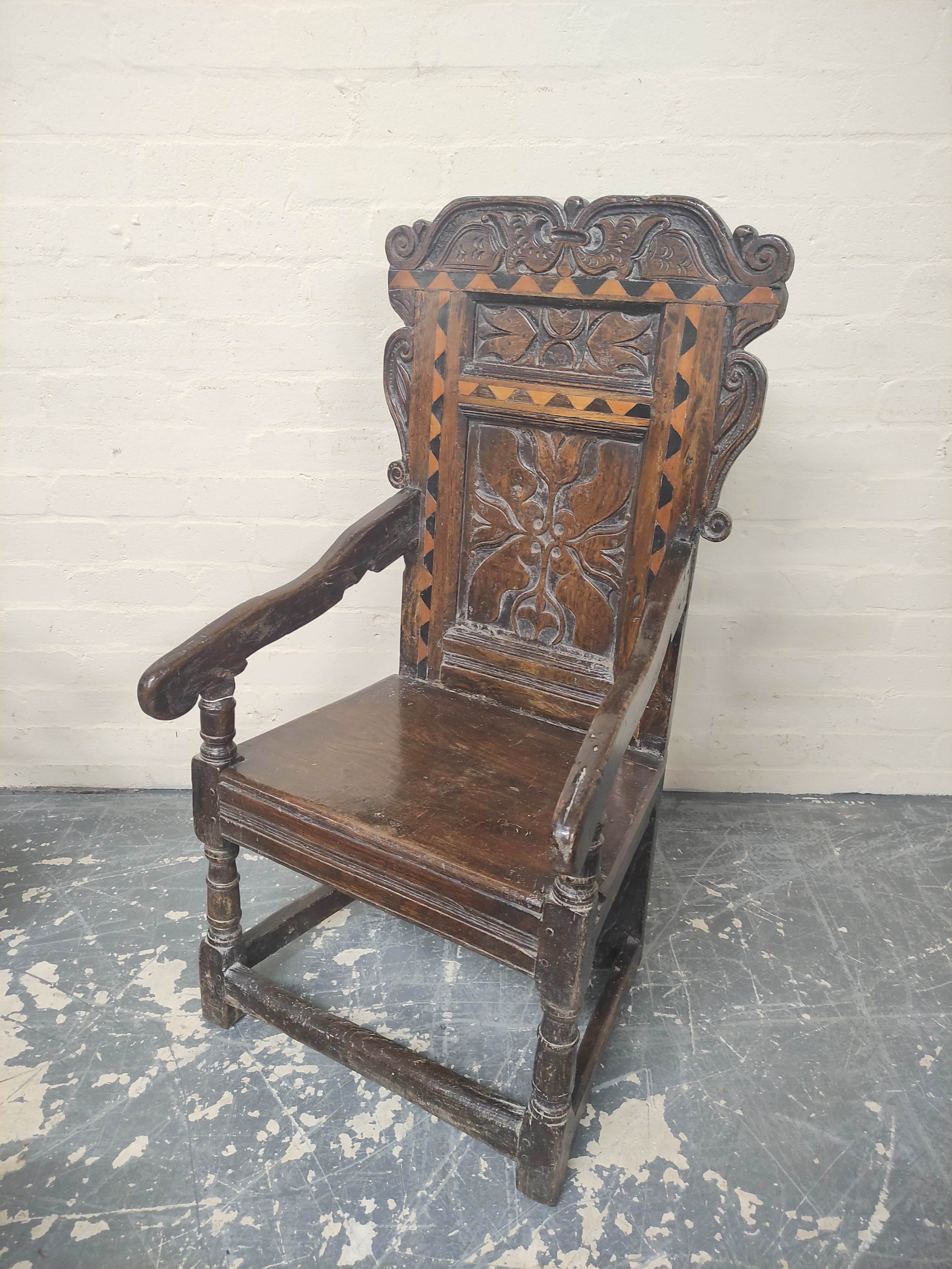 Near pair 17th century oak panel back armchairs, West Yorkshire, the shaped top rails with carved - Image 2 of 7