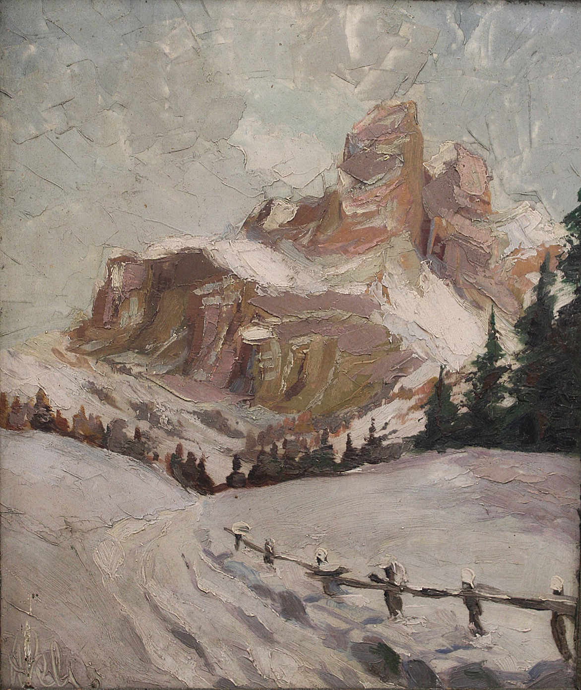 Mid 20thC School. Mountainous winter landscape.  Oil on board. 35cm x 29cm Indistinctly signed, - Image 10 of 10