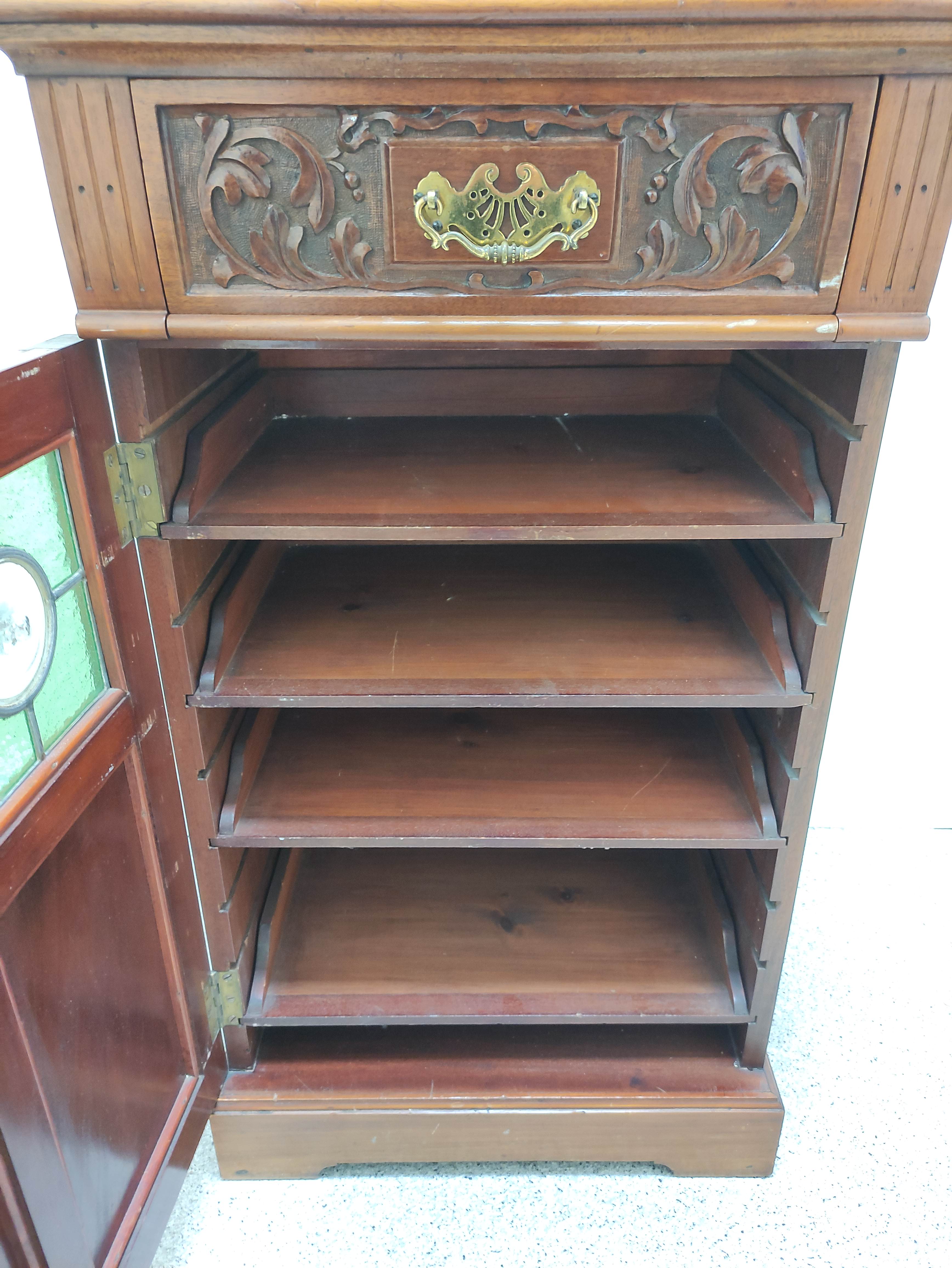 Edwardian mahogany music cabinet with mirrored pediment above a single drawer and door inset with - Image 4 of 5