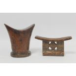 African tribal Sidamo Ethiopian wooden headrest of plain Y form with stepped base inscribed "Human