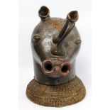 African tribal rhinoceros mask headdress, the polished and patinated composite hollow head