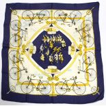 Hermès vintage silk "Les Becanes" scarf designed by Hugo Grygkar with blue central panel and border,