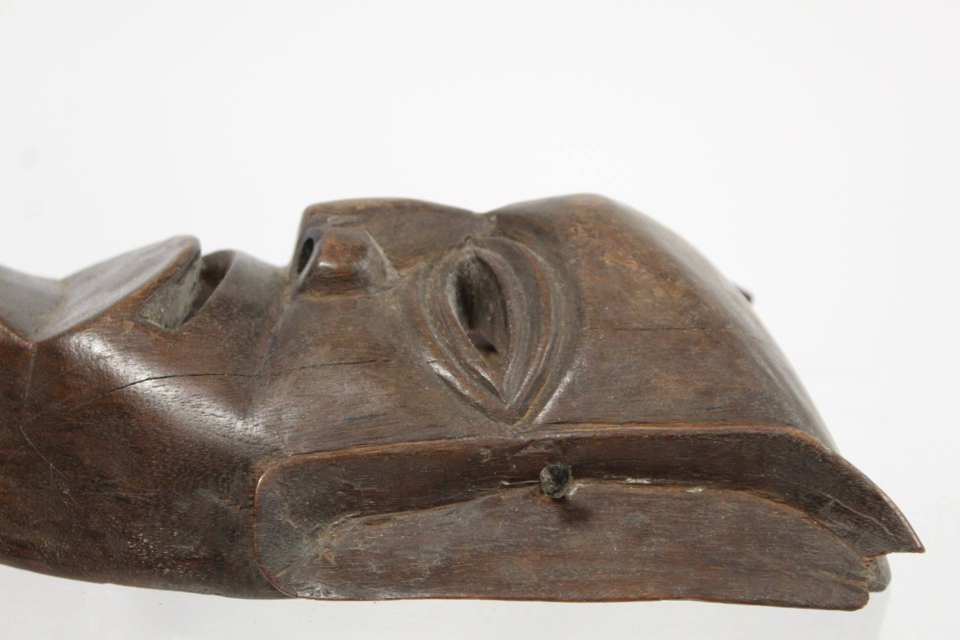 African carved hardwood monkey mask decorated with white and red pigments, with cane binding and - Image 10 of 13