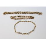 Two 9ct gold necklets and a similar gem bracelet, 15g gross.