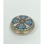 Faberge silver gilt and enamel circular box with angular sides and cover in blue, white pink and