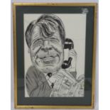 Monochrome caricature drawing of Sir Michael Stoute, the race horse trainer, mixed media, 38cm x